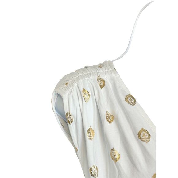 Boden Maxi Dress Size 16/18 White Gold Foil Leaves Ruffle Hem Deep V-Neck NWT - Picture 4 of 11